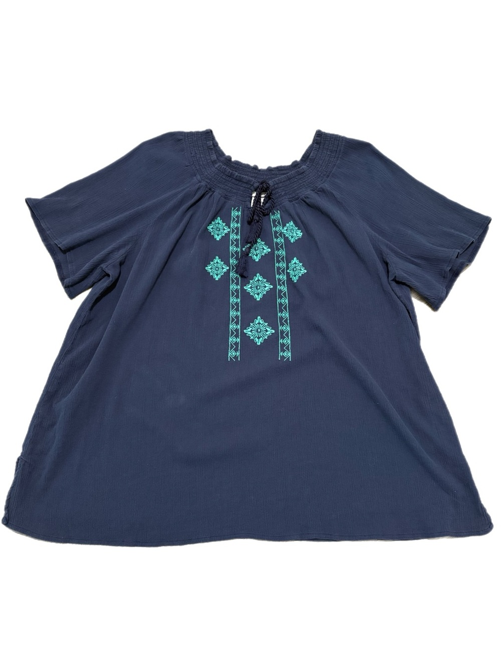 Catherines 100% Cotton Navy Tunic with Aqua Embroidery 2X.